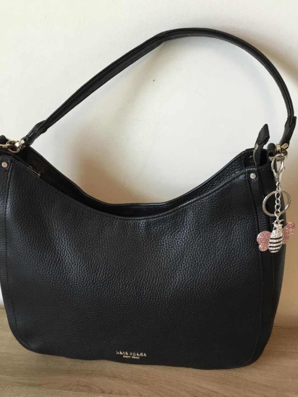 Kate Spade Hobo Bag Black Pebble Leather with Rhinestone Bee Bag Charm